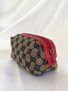 Gucci GG Canvas Cosmetic Vintage Pouch Monogram Red Leather Trim Zipper